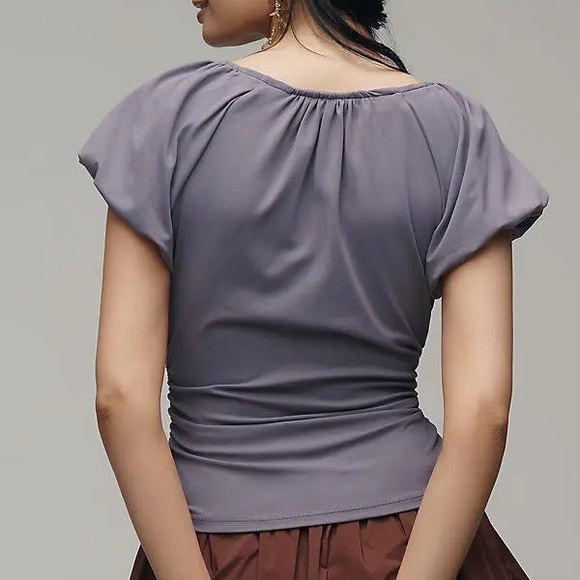 Anthropologie NWT Ruched Puff Cap Short Sleeve Top Women’s XS Lavender Purple - Picture 2 of 10